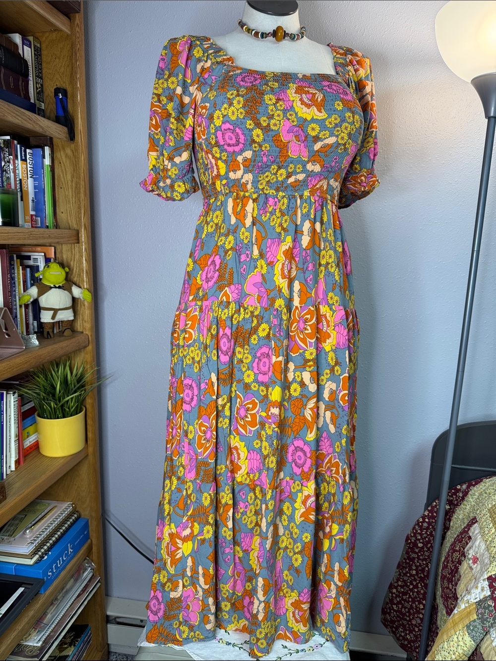 Zesica Floral Smocked Square-Neck Dress in Pink & Orange